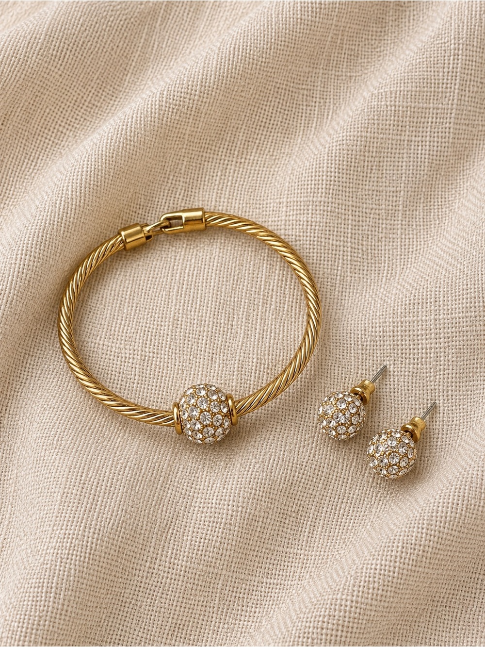 Gold Tone Rhinestone Ball Bangle Bracelet & Stud Earrings Set